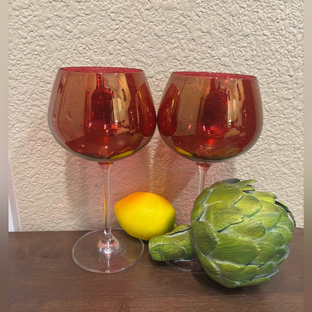 Pier 1 Iridescent 16OZ Balloon Ruby Luster Goblet Set of 2